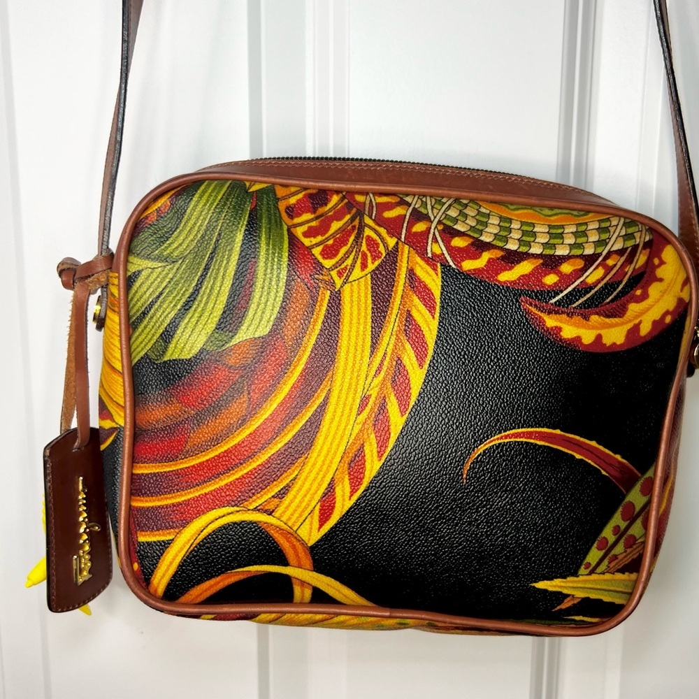 FERRAGAMO Brown Tropical Print Leather Trim Crossbody Limited Series